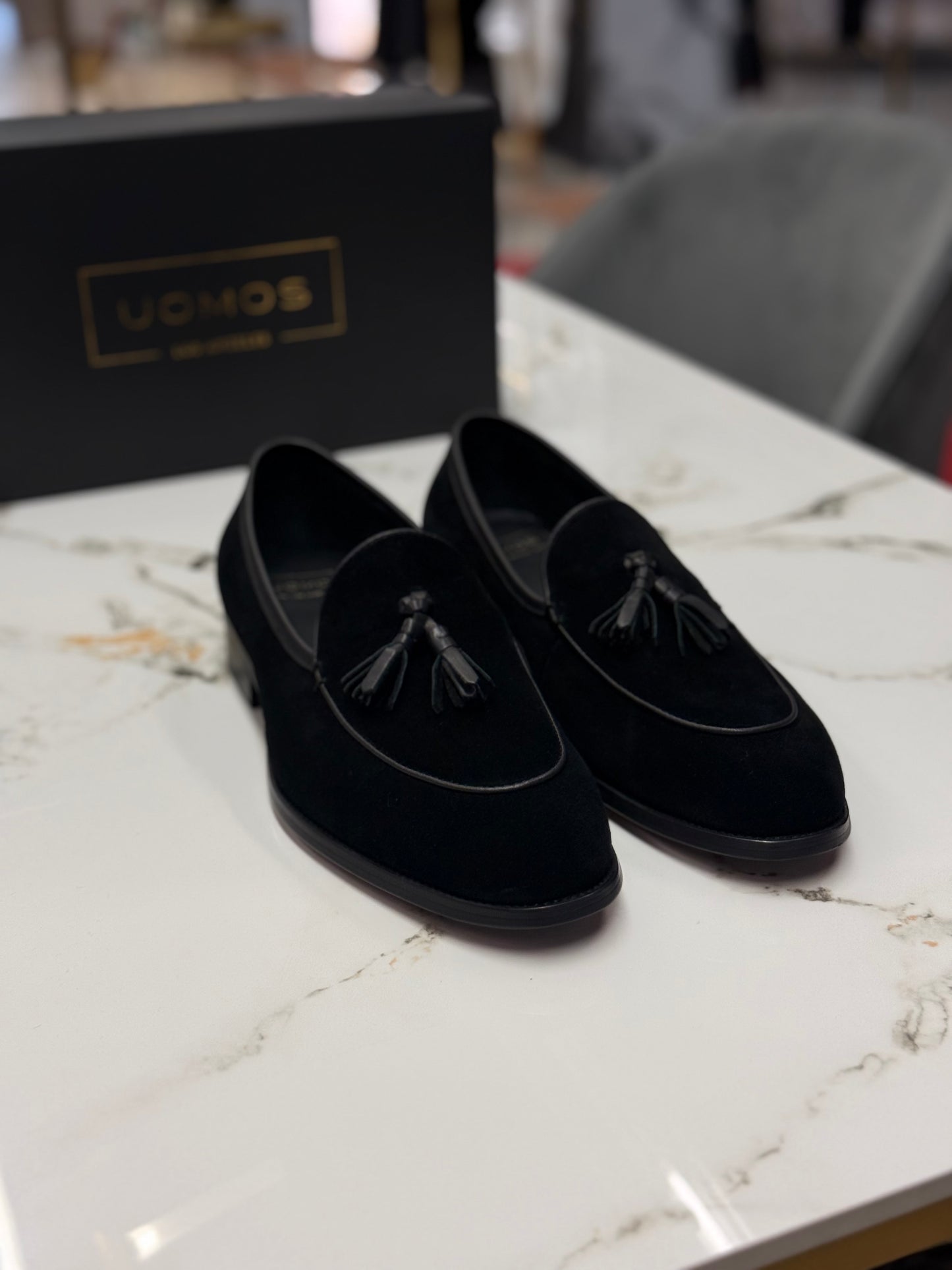 UOMOS Black blue suede tassel loafers