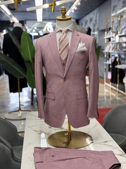 Rose Pink Textured Three Pieces Vested Suit