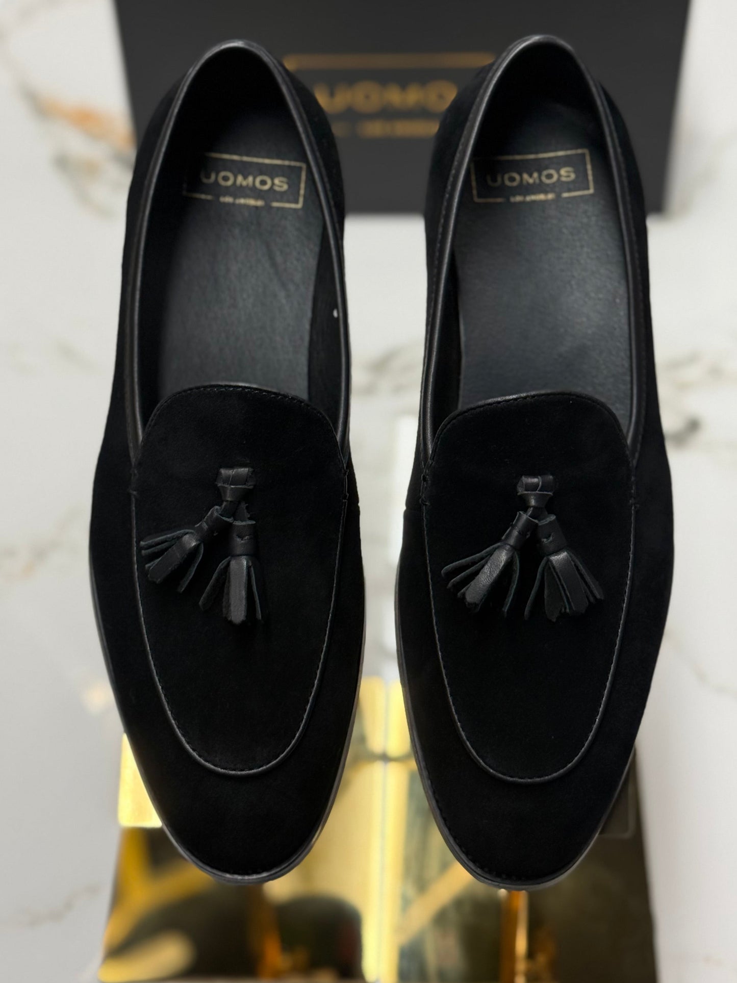 UOMOS Black blue suede tassel loafers