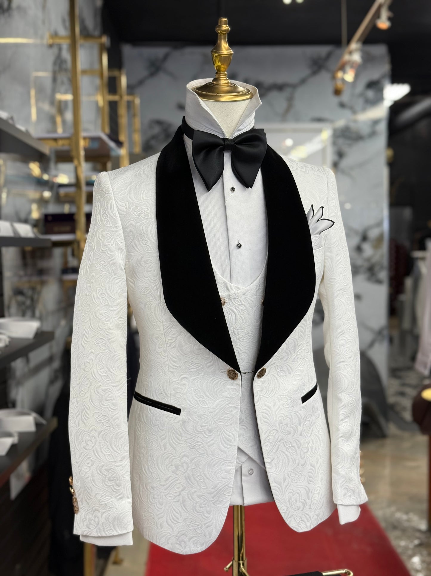 White Jacquard Jacket Black Velvet Shawl Lapel Tuxedo