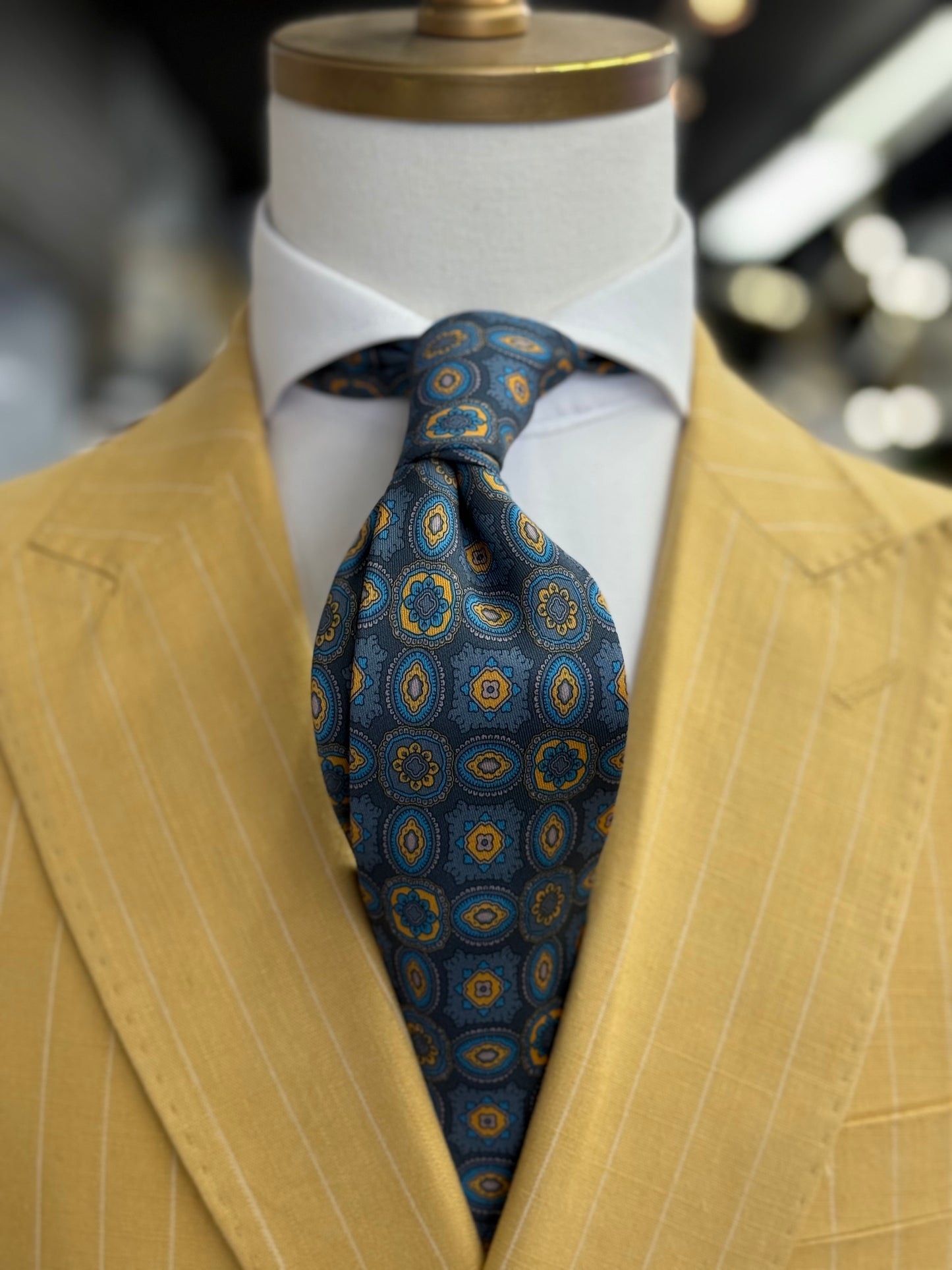 Necktie Slate Blue and Gold Azure Medallion