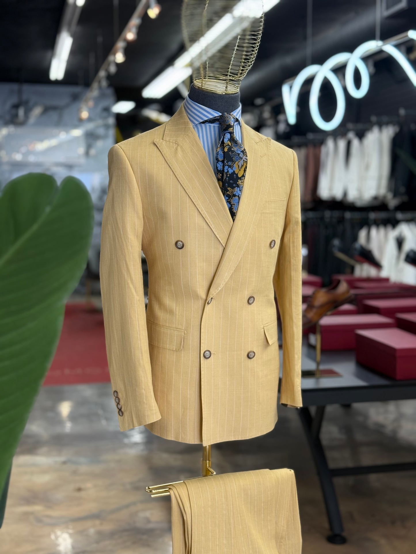 Mustard Pinstripe Double-Breasted Suit 100% Linen