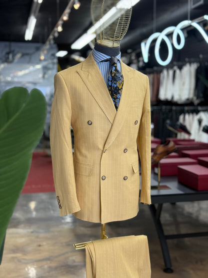 Mustard Pinstripe Double-Breasted Suit 100% Linen