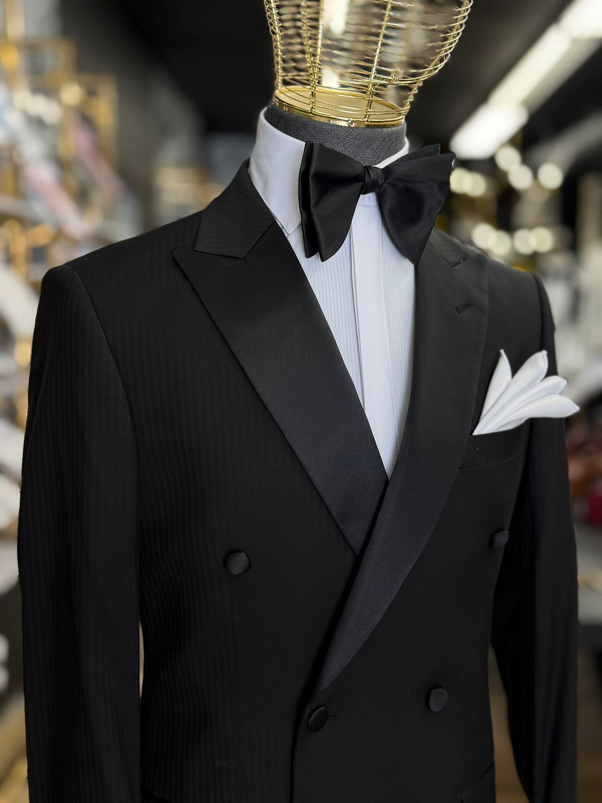 Black Peak Lapel Tone-on-Tone Stripe Double-Breasted Tuxedo