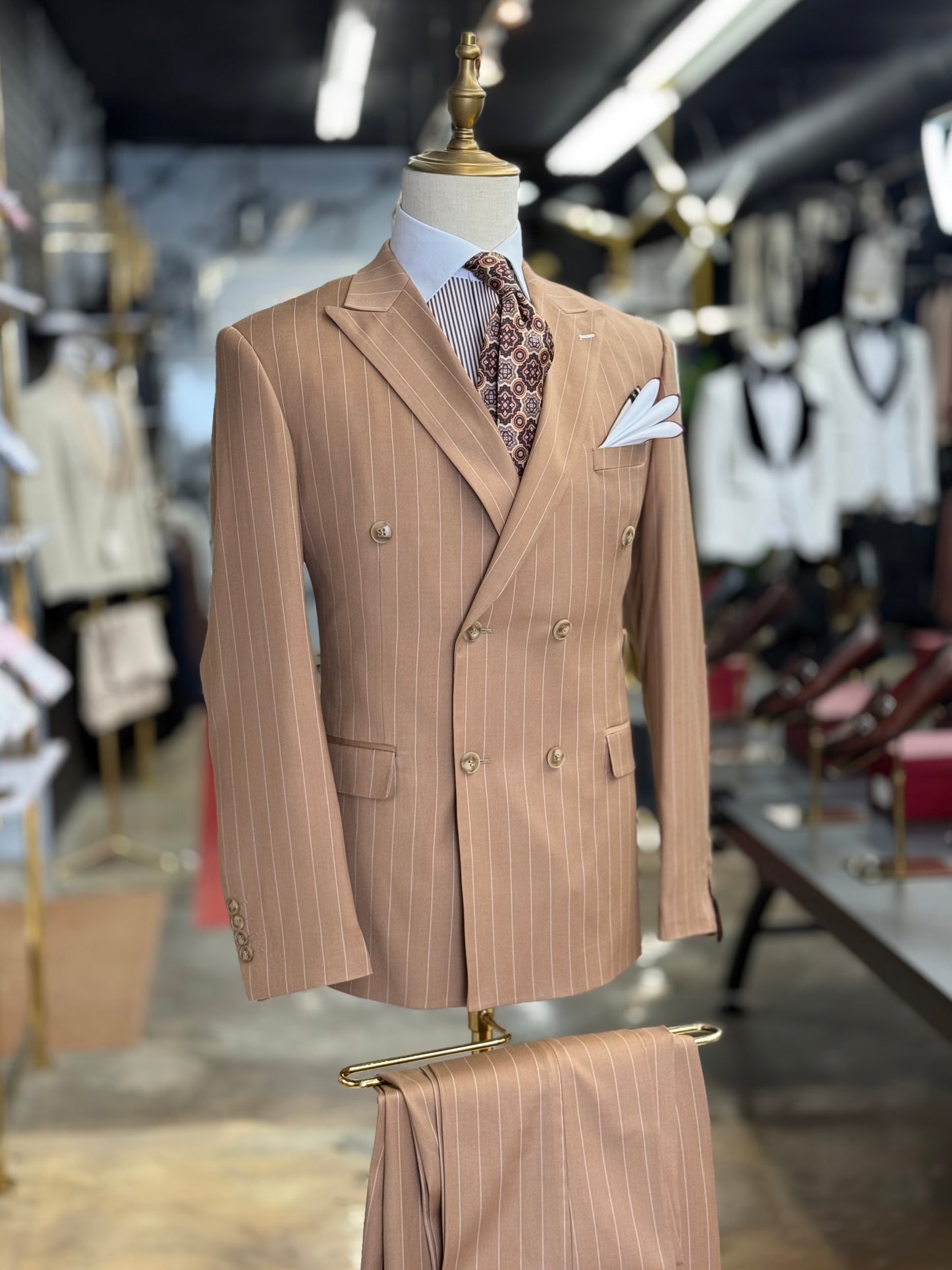 Camel Double-Breasted Pinstripe Suit