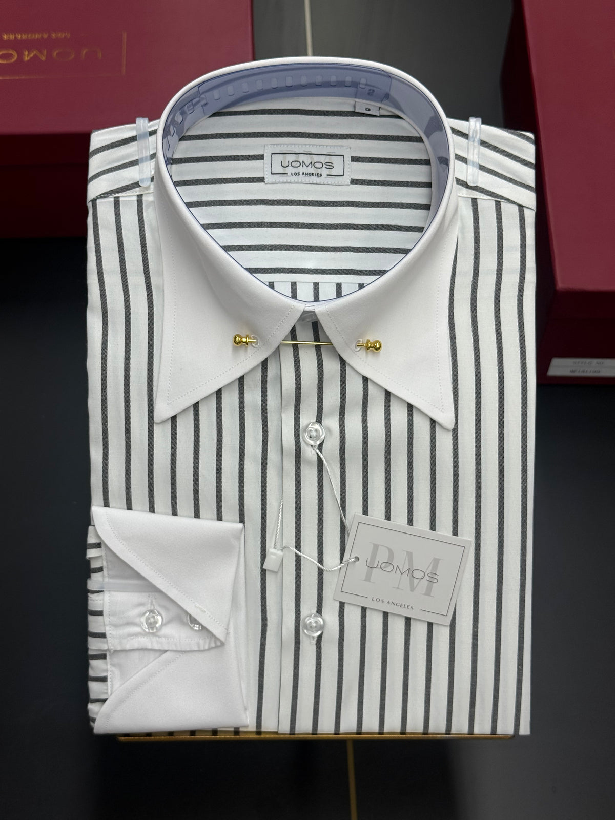 White & Black Stripe Point Pin Collar Shirt with Neapolitan Cuffs