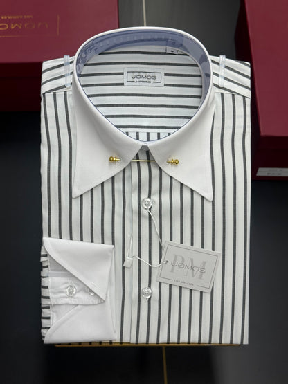 White & Black Stripe Point Pin Collar Shirt with Neapolitan Cuffs