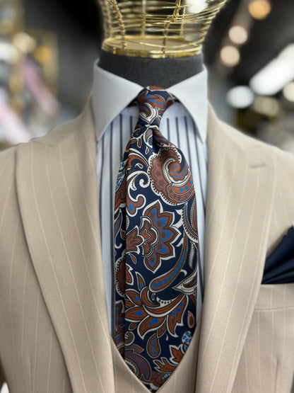 Necktie Big Paisley Mid night blue, Rust and Tan
