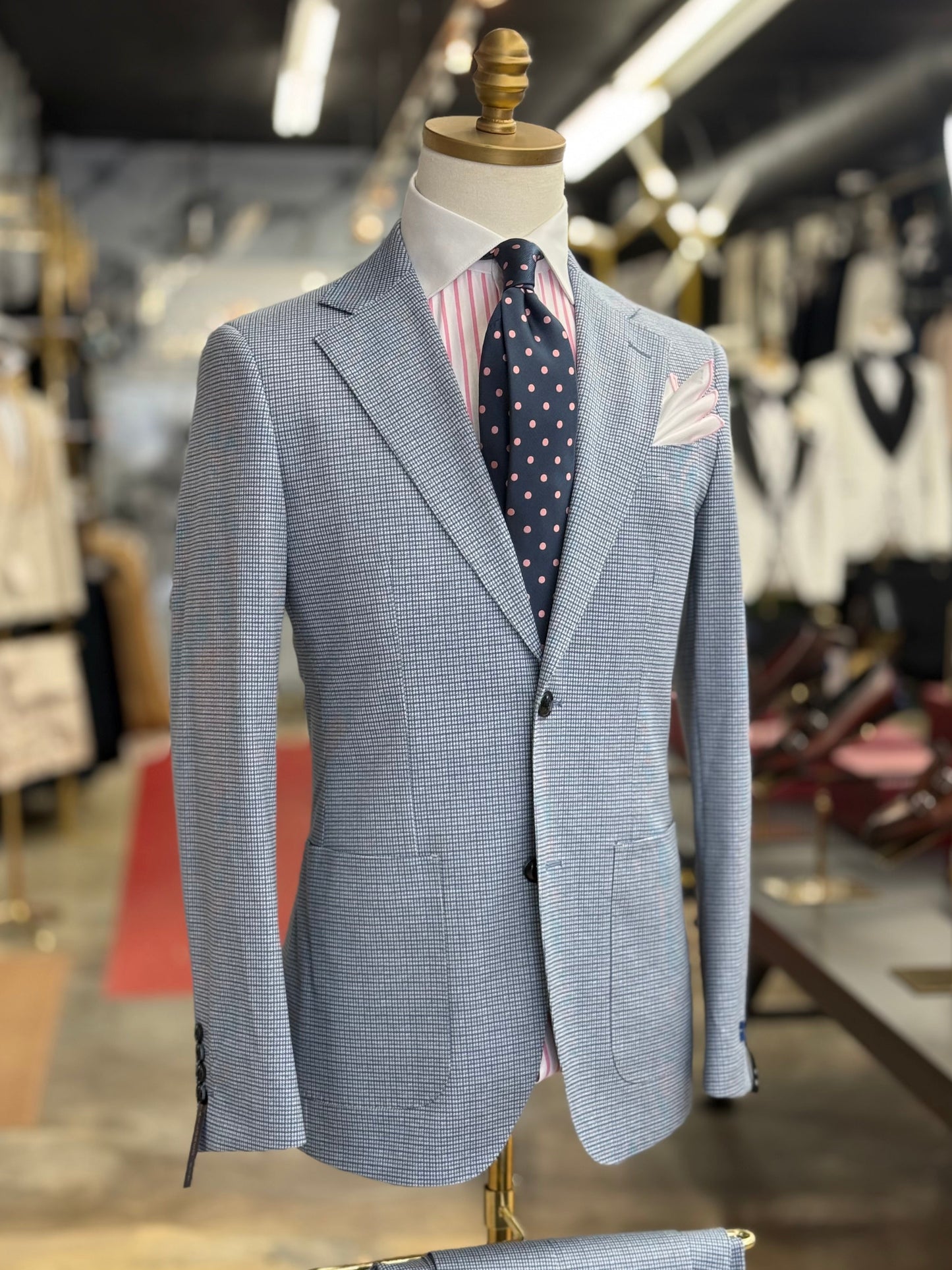 Light Blue Micro Houndstooth Wide Notch Lapel Two Pieces Patch Pockets Suit
