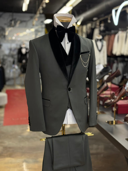 Olive Green Shawl Lapel Velvet Edition