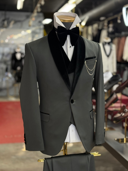 Olive Green Shawl Lapel Velvet Edition