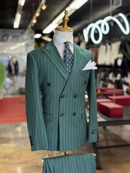 Viridian Green Double-Breasted Pinstripe Suit
