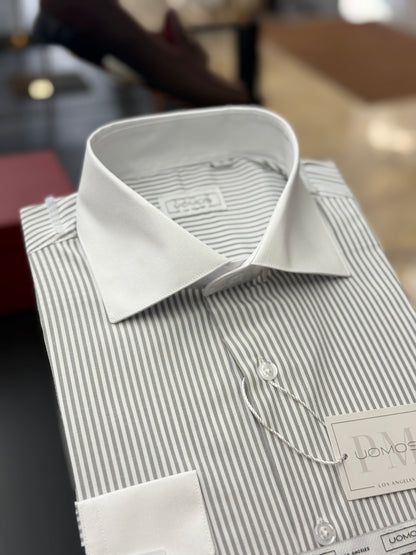 Silver Grey Stripe Contrast White Collar Shirt