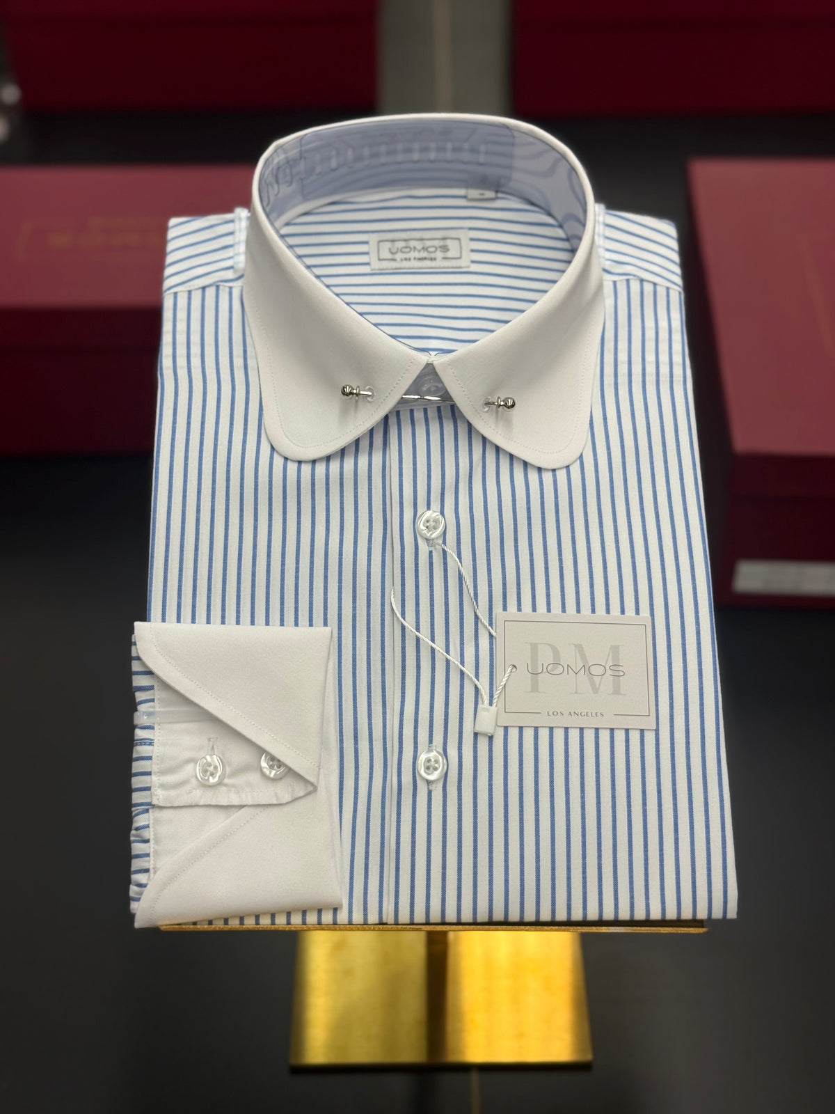 White & Blue Stripe Club Pin Collar Shirt with Neapolitan Cuffs