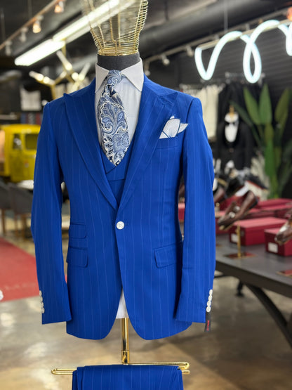 Royal Cobalt Blue Pinstripe 
Wide Peak Lapel Suit