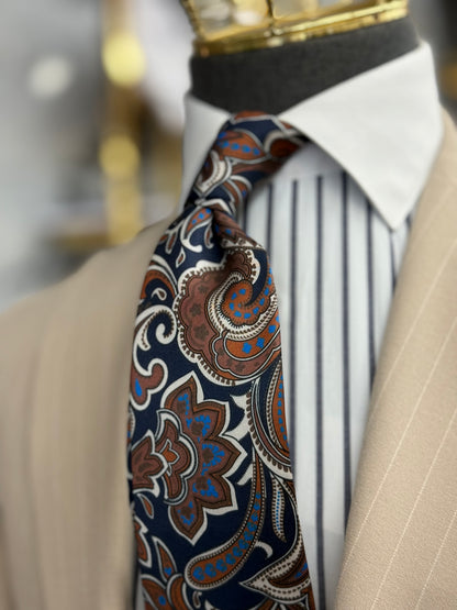 Necktie Big Paisley Mid night blue, Rust and Tan