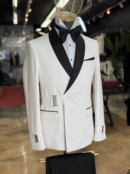 Off White Buckle Front Closure Shawl Lapel Tuxedo