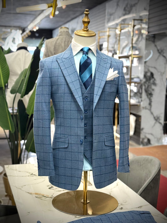 Plaid Flannel L Blue Three Pieces Vested Suit