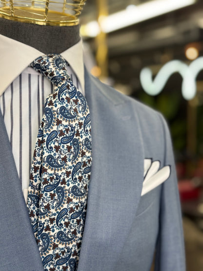 Necktie Mid Paisley White, Blue and Brown