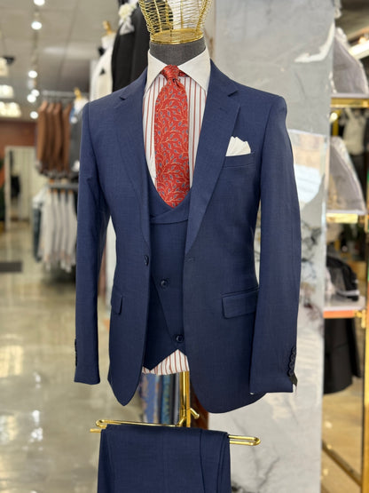 Blue Three Pieces Vested Suit