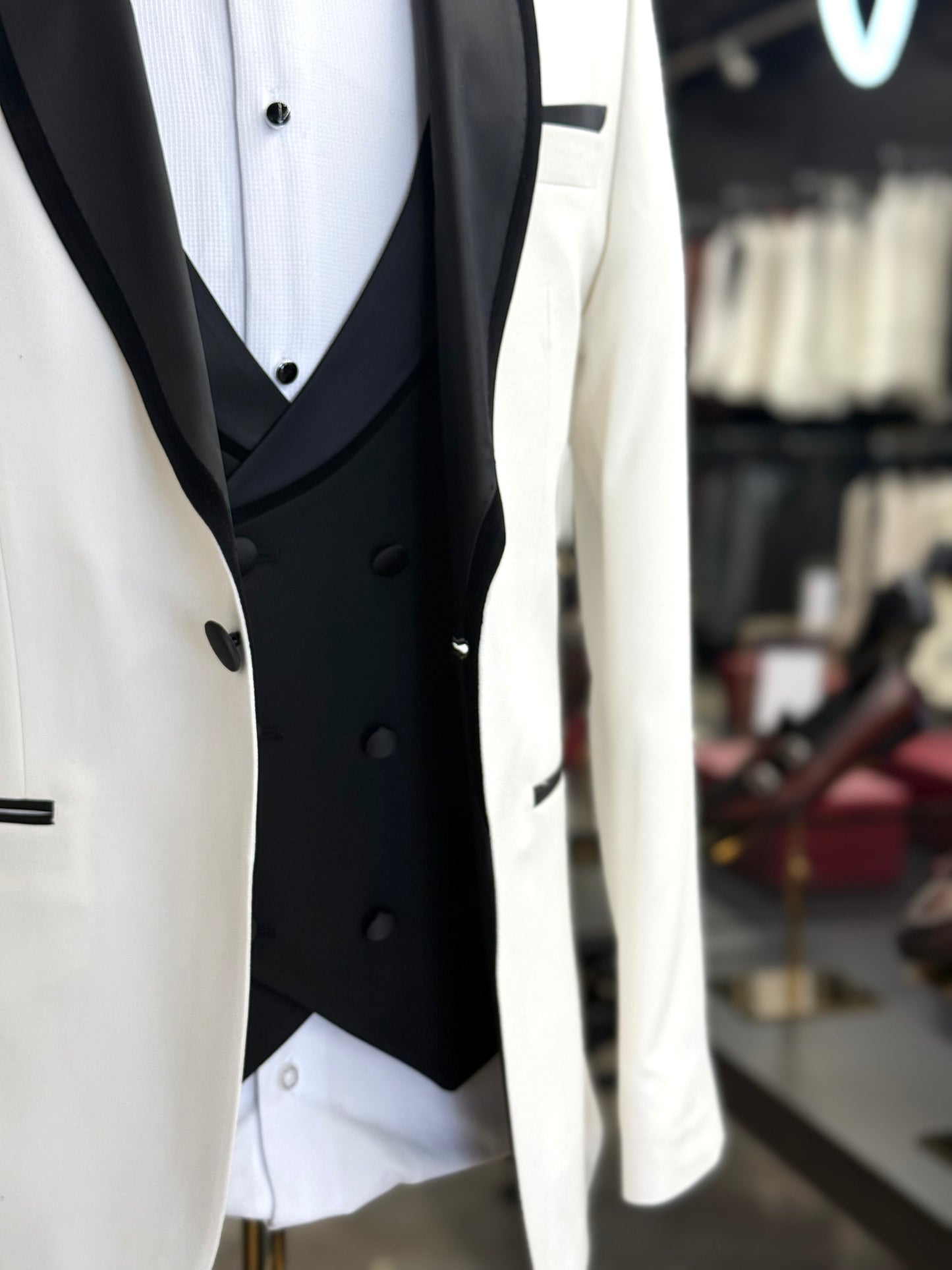 Off White Birdseye Velvet Trim Shawl Tuxedo