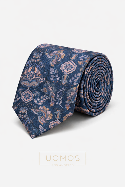 Necktie Floral Damascus Mid Night Blue Pink & Rust