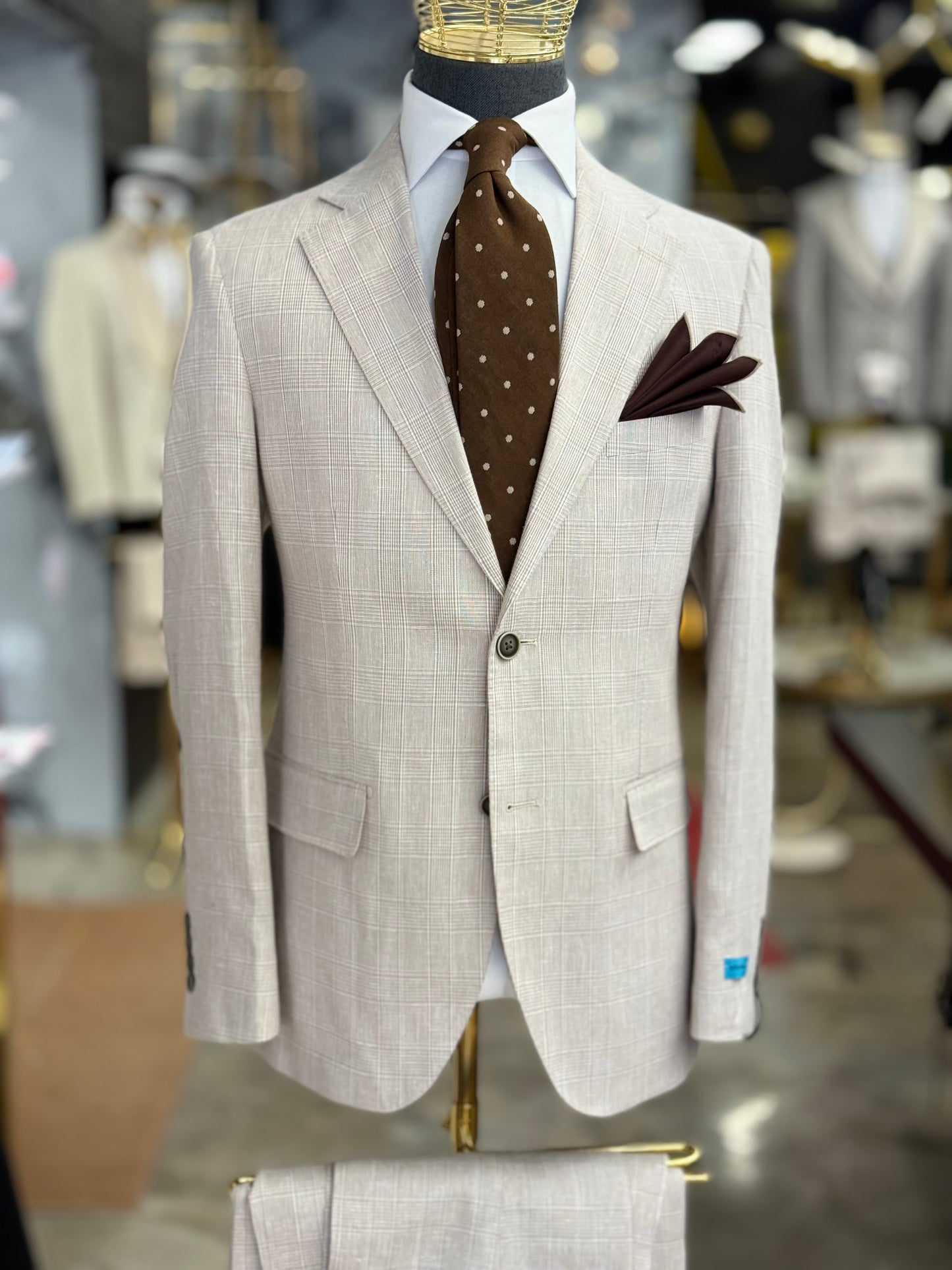 Light Tan Glen Plaid Super 150’s Wool Suit Notch Lapel