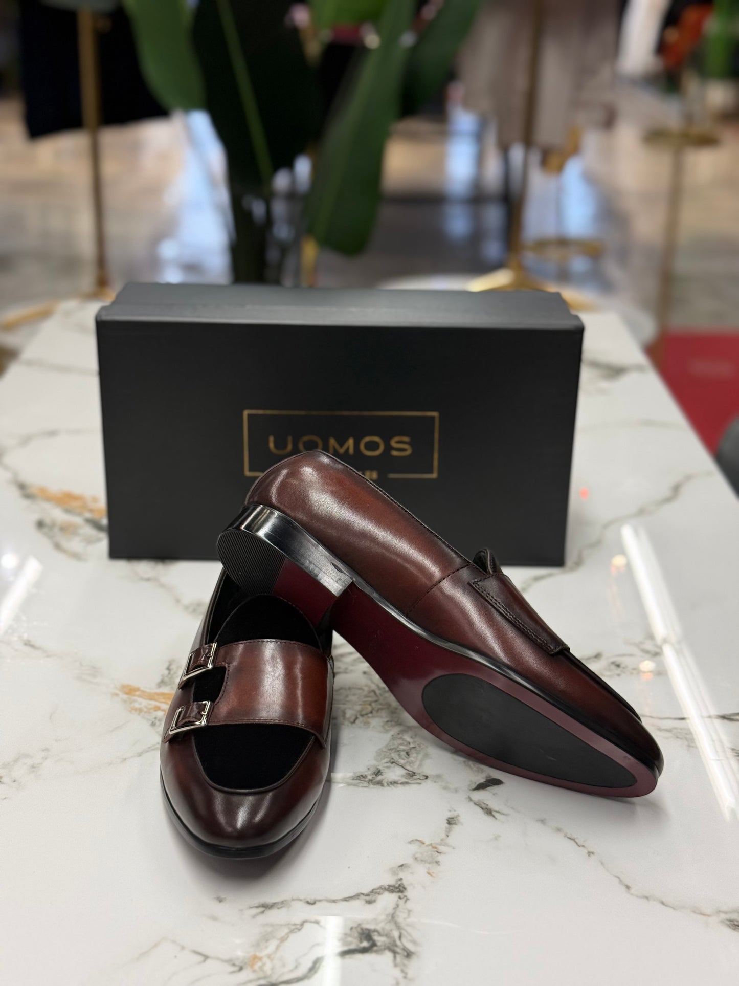 Uomos Brown Bordeaux Leather double monk velvet loafers