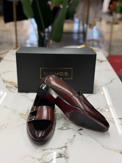 Uomos Brown Bordeaux Leather double monk velvet loafers
