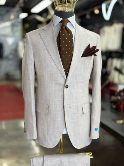 Light Tan Glen Plaid Super 150’s Wool Suit Notch Lapel