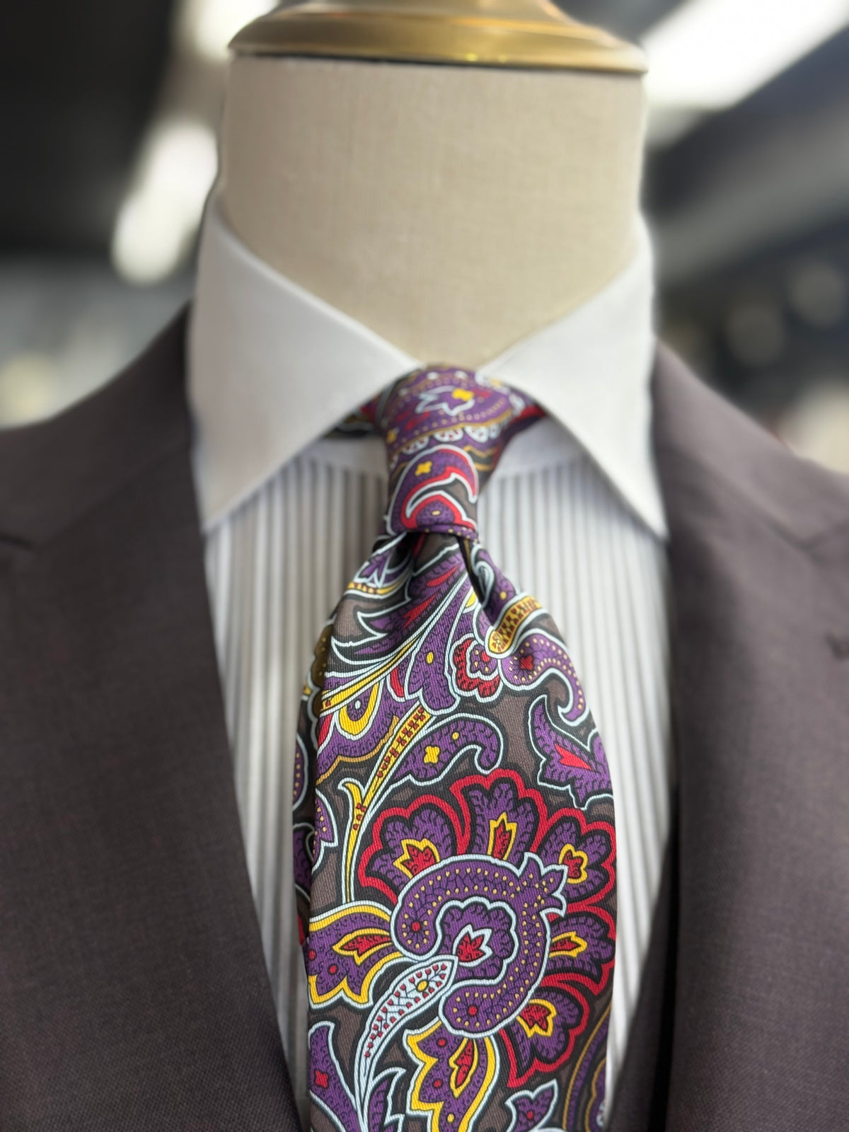 Necktie Bold Paisley Purple pattern with charcoal, red, gold, and ivory