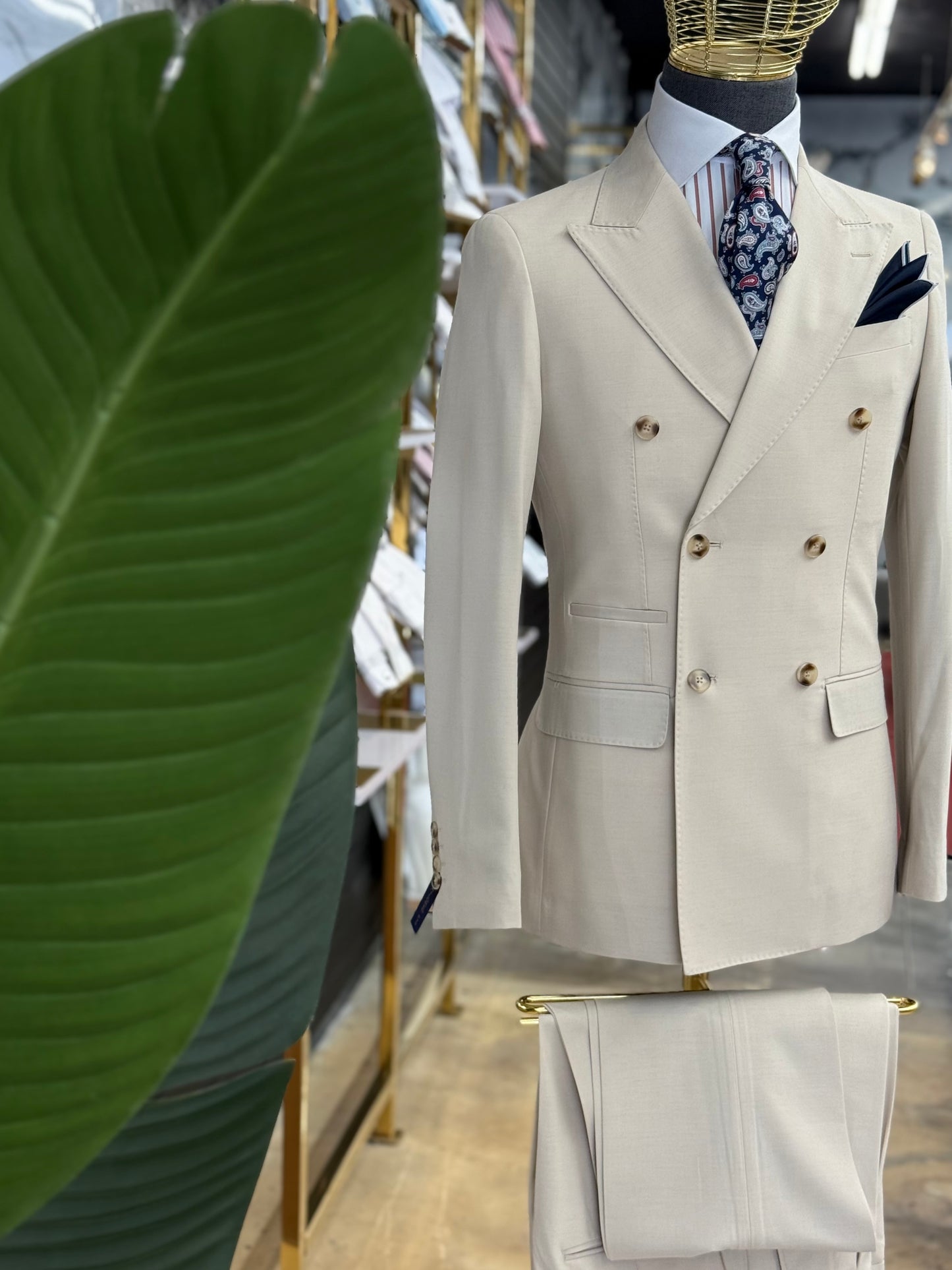 Light Tan Double-Breasted Suit Stretch
