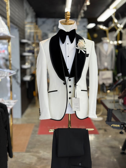 Off White Shawl Lapel Velvet Edition