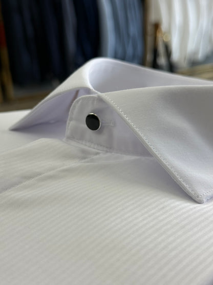 White Tonal Stripe 100% Bamboo Cotton Tuxedo Shirt • French Cuffs