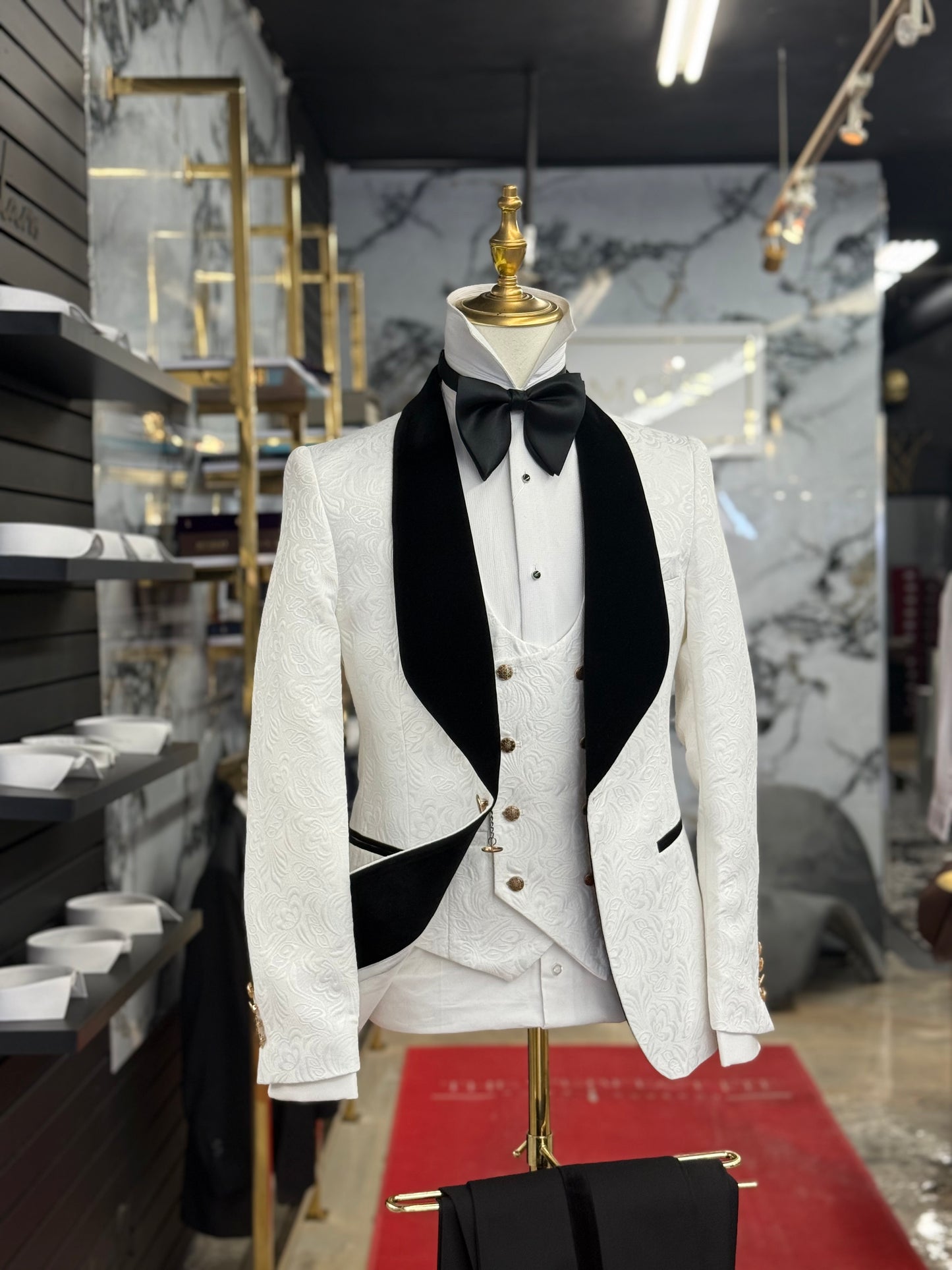White Jacquard Jacket Black Velvet Shawl Lapel Tuxedo