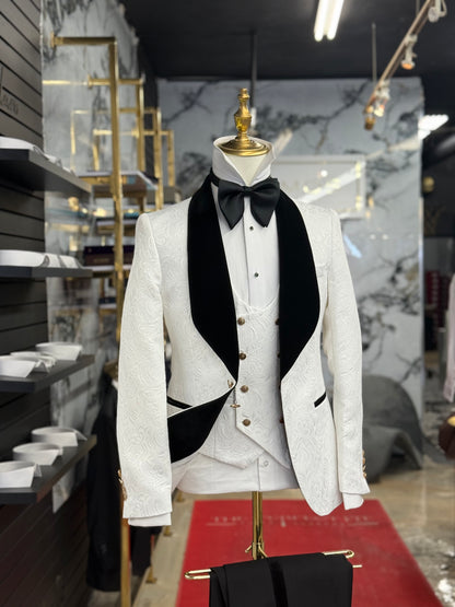 White Jacquard Jacket Black Velvet Shawl Lapel Tuxedo