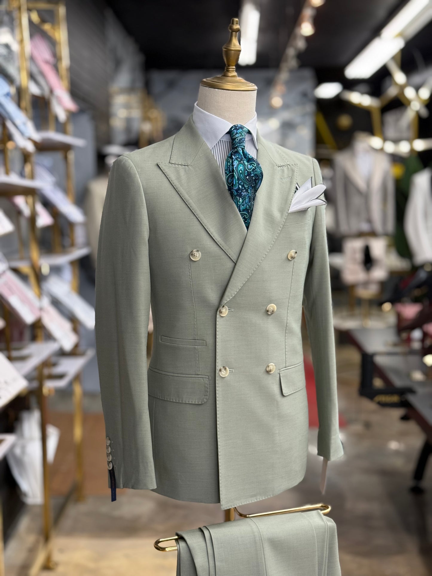 Sage Green Double-Breasted Suit Stretch