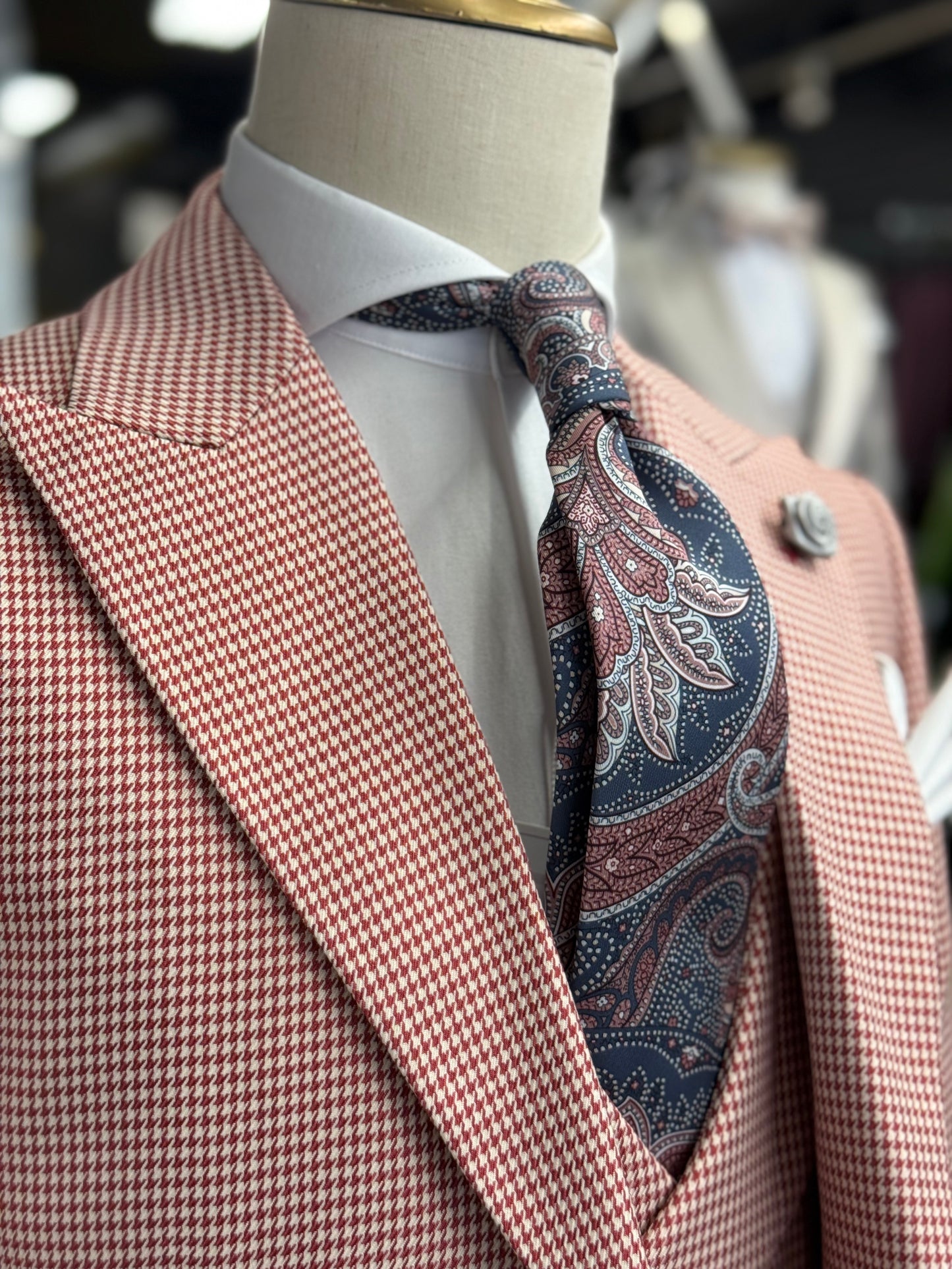 Vermilion Red Micro Houndstooth Wide Peak Lapel Suit