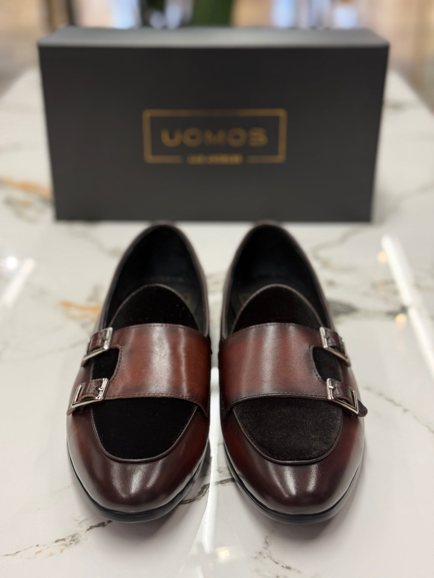 Uomos Brown Bordeaux Leather double monk velvet loafers