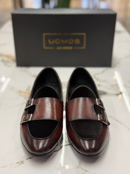 Uomos Brown Bordeaux Leather double monk velvet loafers