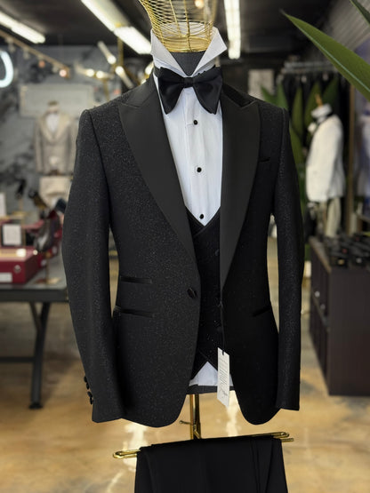 Black Glitter Peak Lapel Tuxedo – Luxury 3 Piece