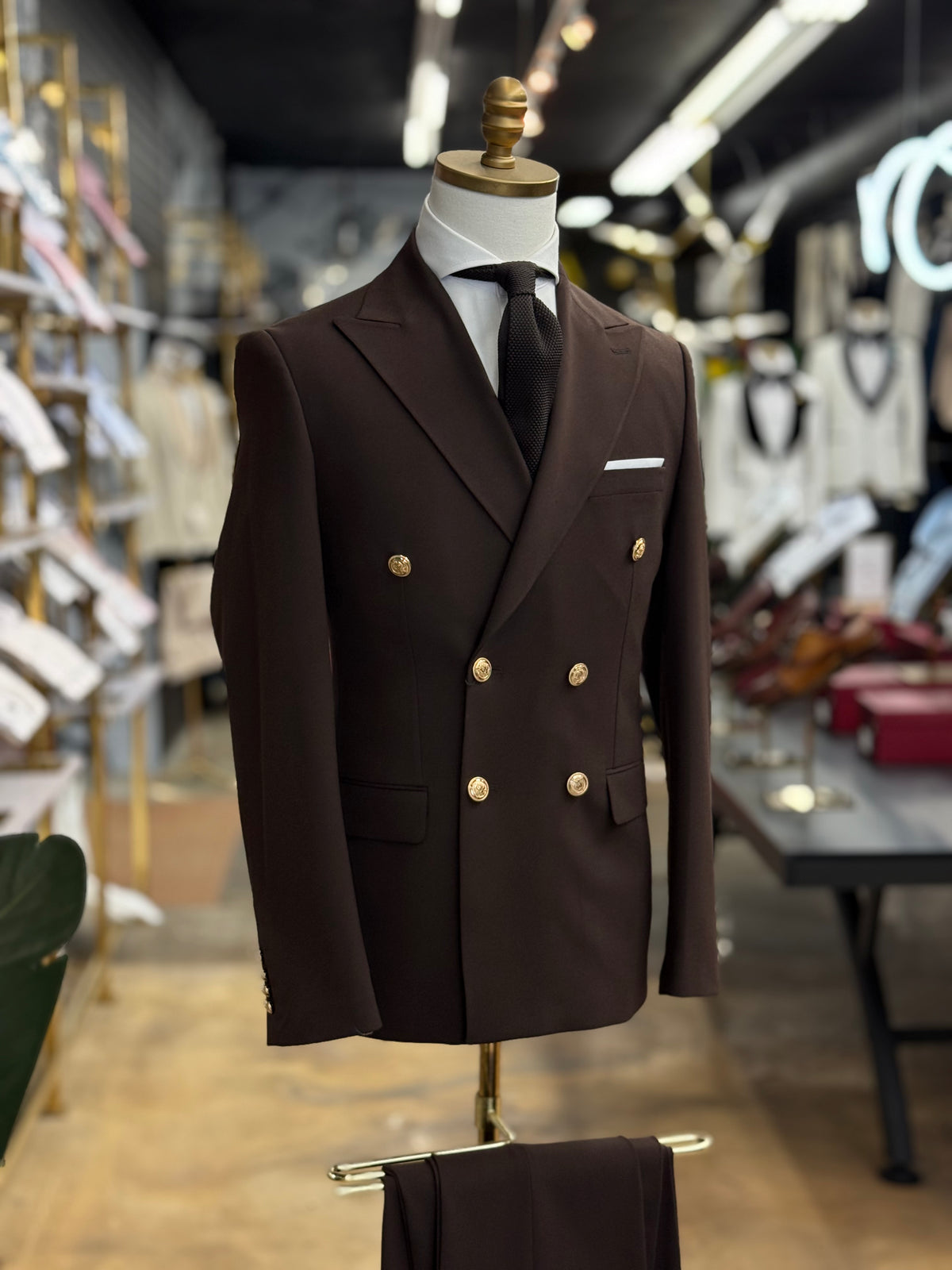 Chocolate Double Breasted | Gold buttons. Euro Suit