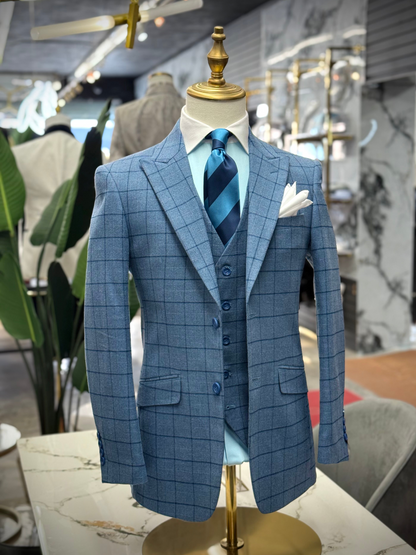 Plaid Flannel L Blue Three Pieces Vested Suit