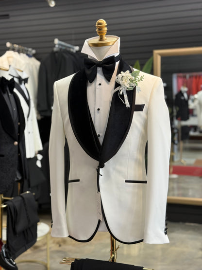 Off White Shawl Lapel Velvet Edition