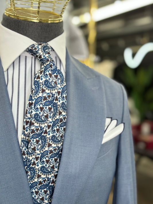 Necktie Mid Paisley White, Blue and Brown
