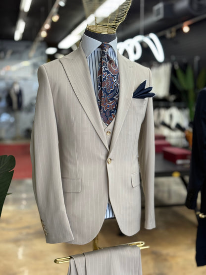 Light Beige Pinstripe Euro Suit