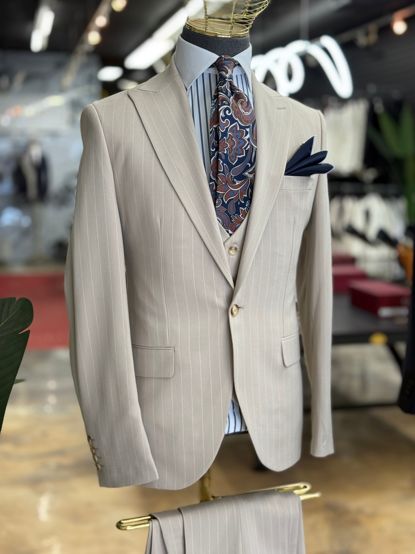 Light Beige Pinstripe Euro Suit
