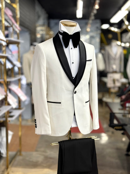Off White Birdseye Velvet Trim Shawl Tuxedo