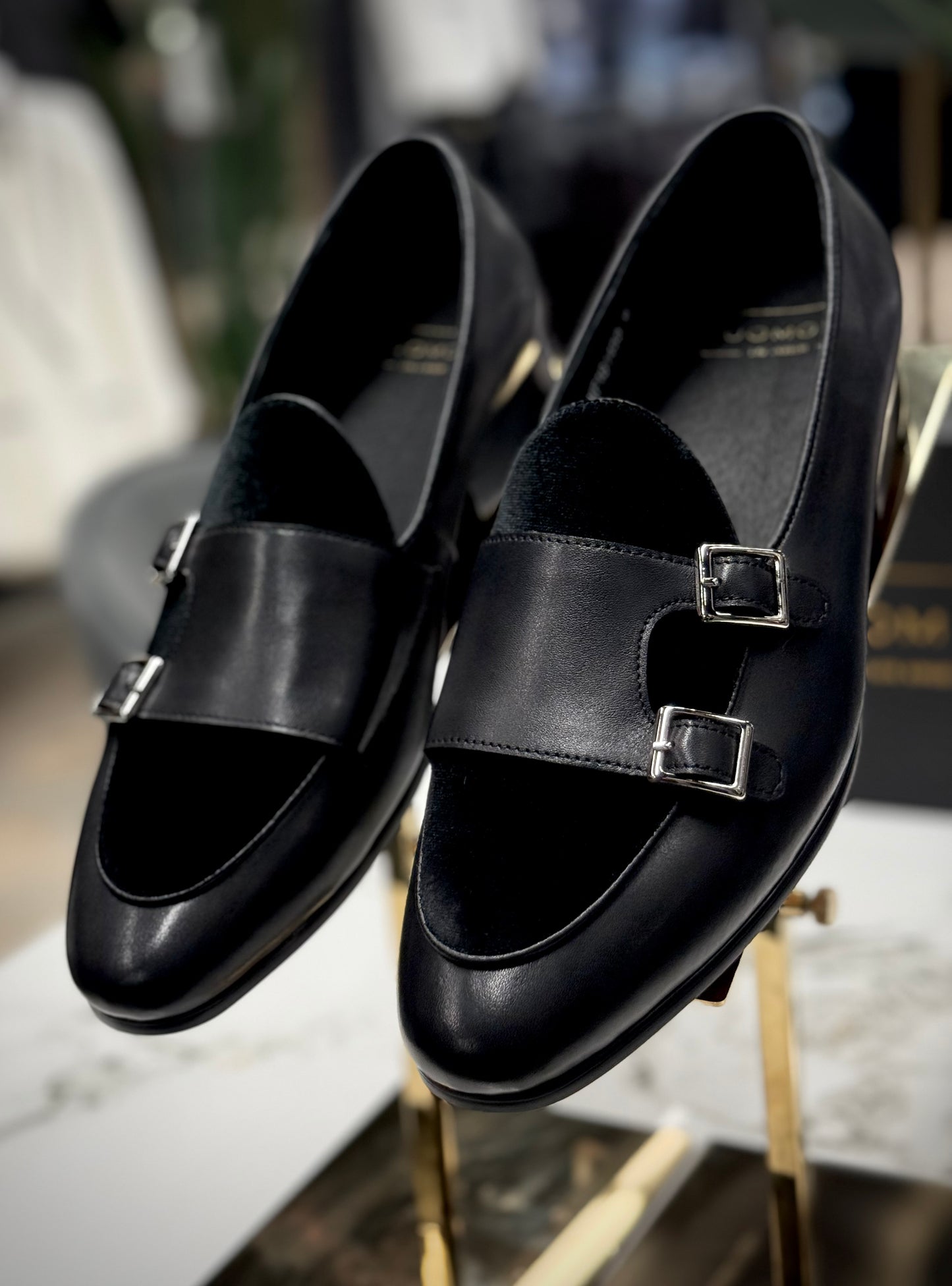 Uomos Black Leather double monk velvet loafers