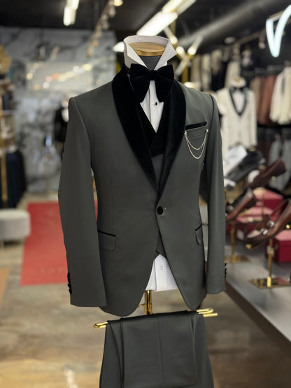 Olive Green Shawl Lapel Velvet Edition